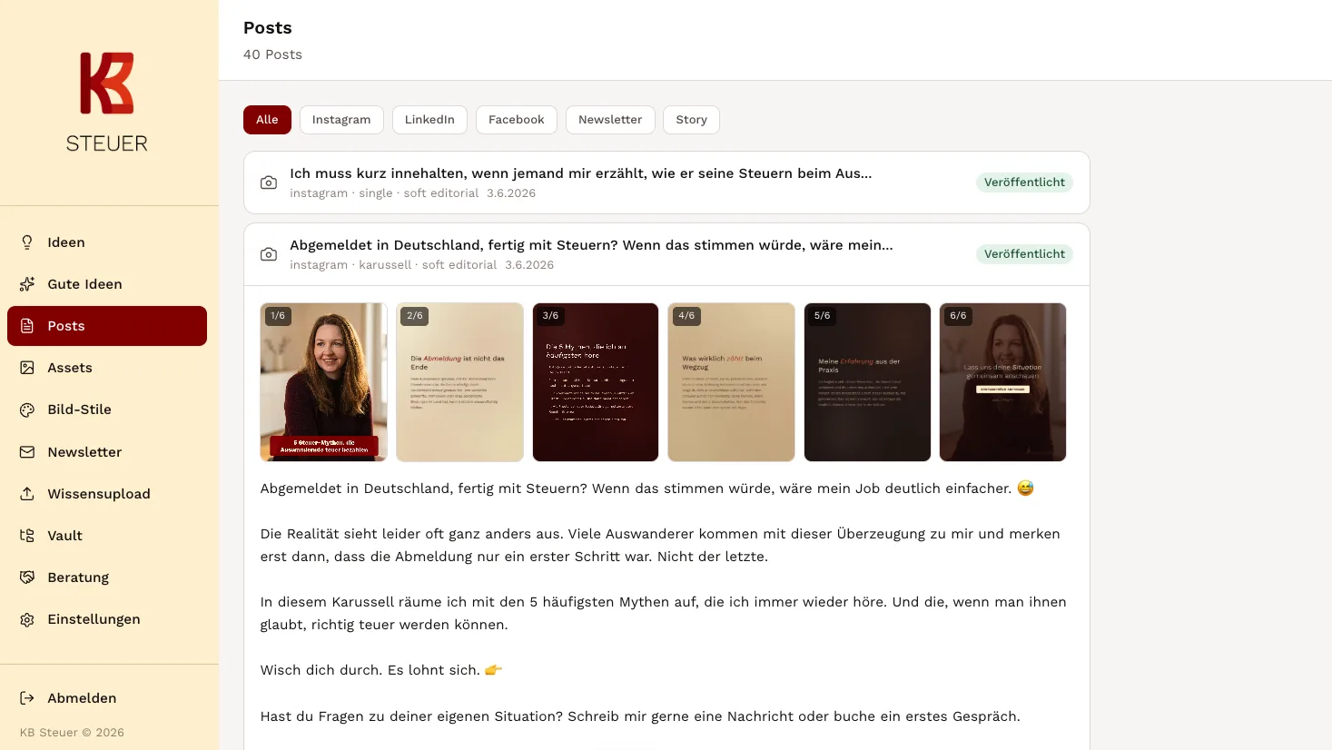 KB Steuer Dashboard: Post-Übersicht mit generierten Social-Media-Beiträgen