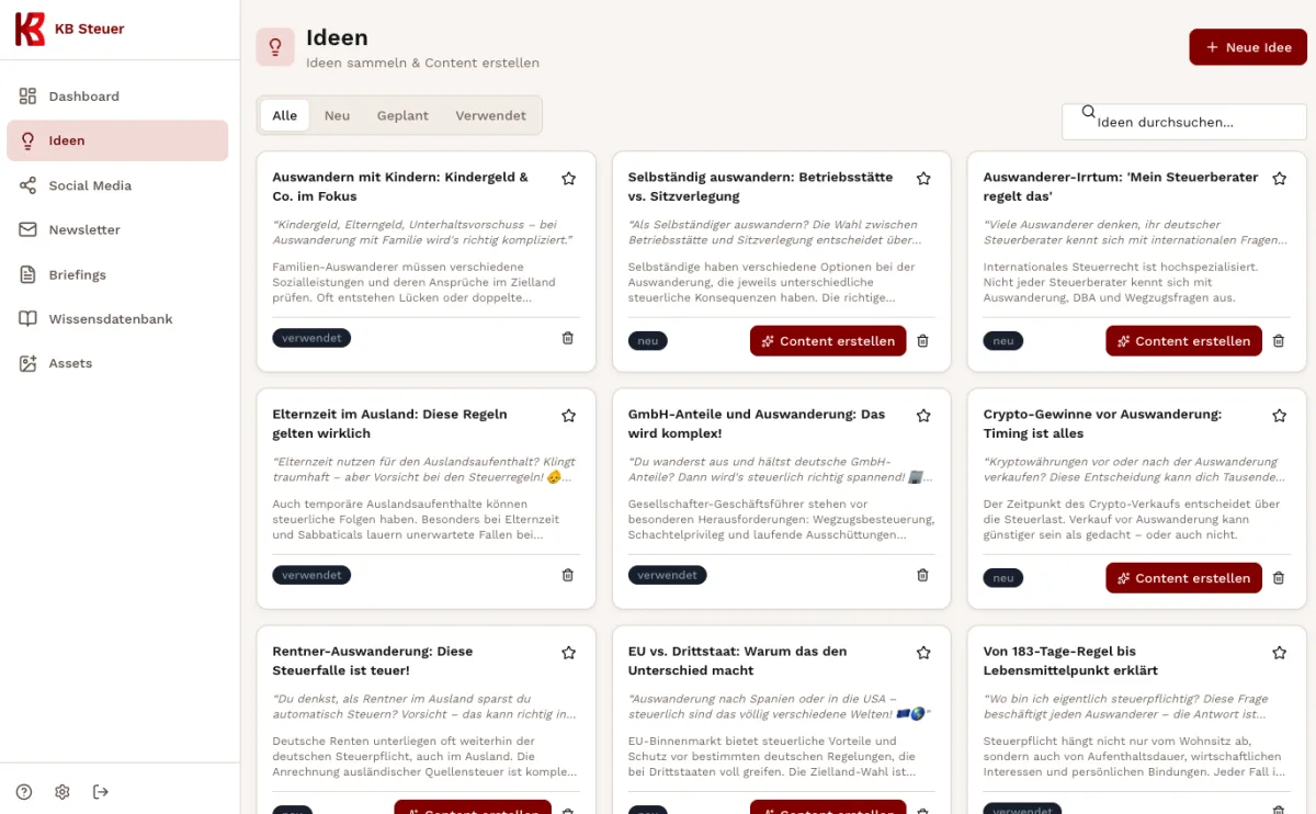 KB Steuer Dashboard: Ideen und Content-Verwaltung